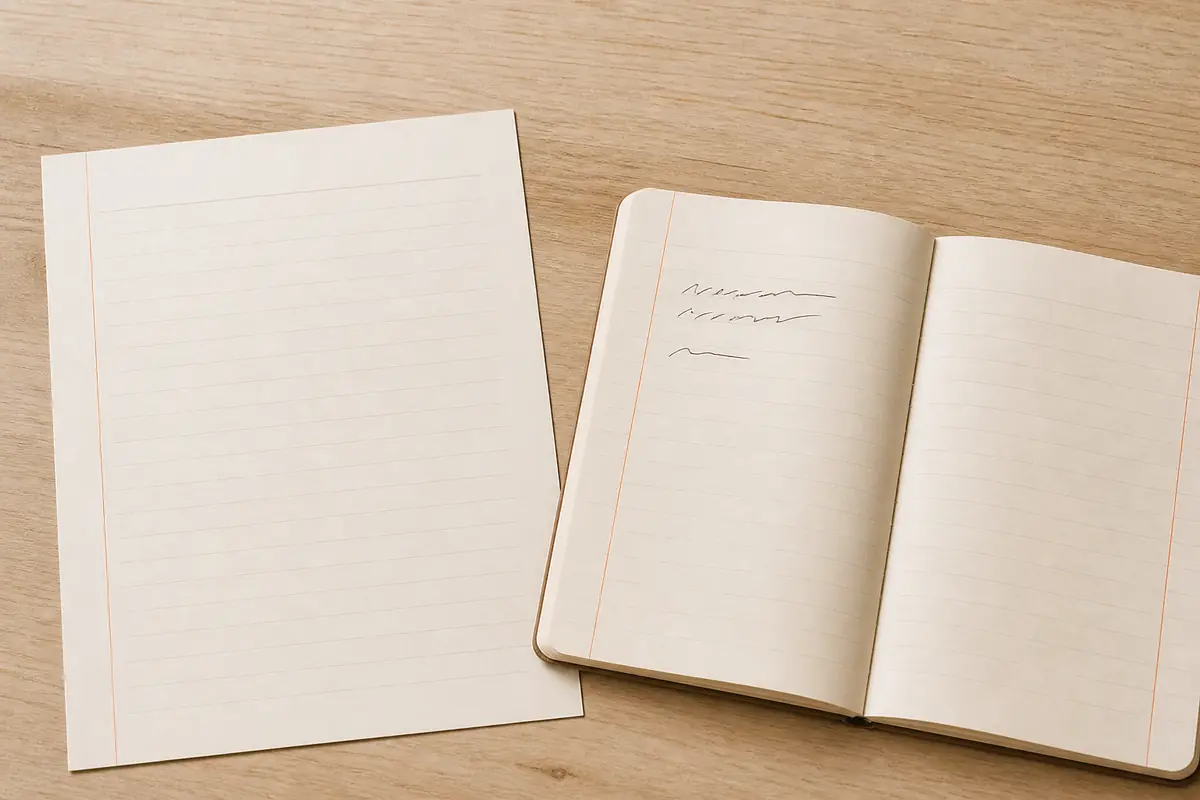 A lined print sheet beside an open notebook