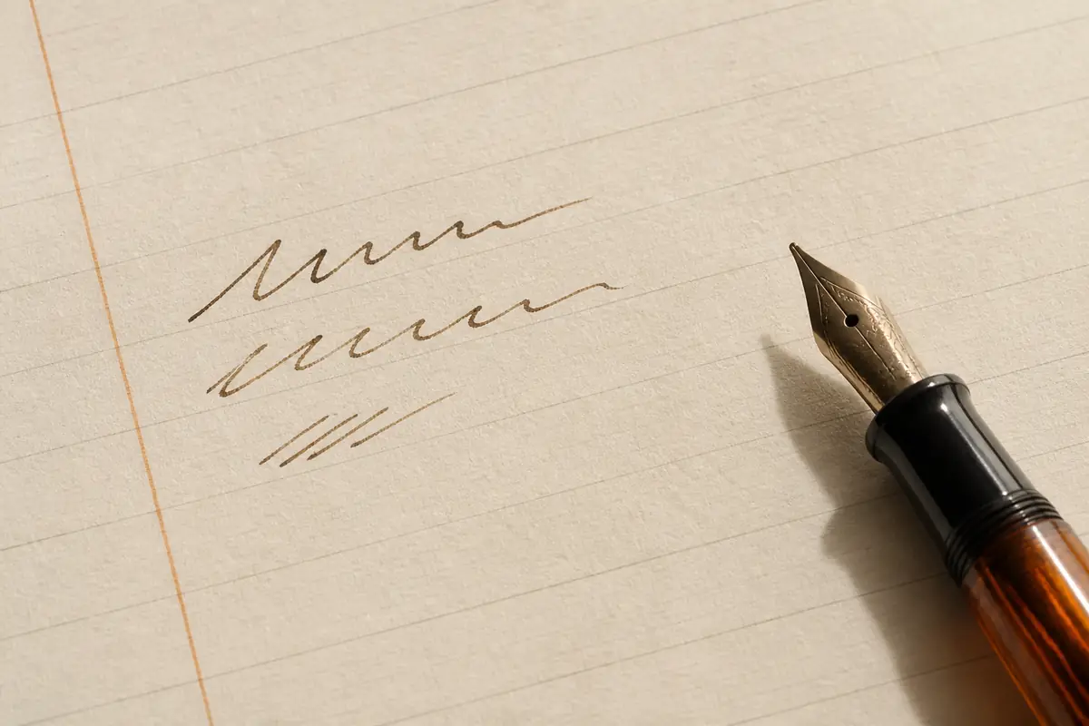 Ruled cream paper with a fountain pen and a few ink strokes