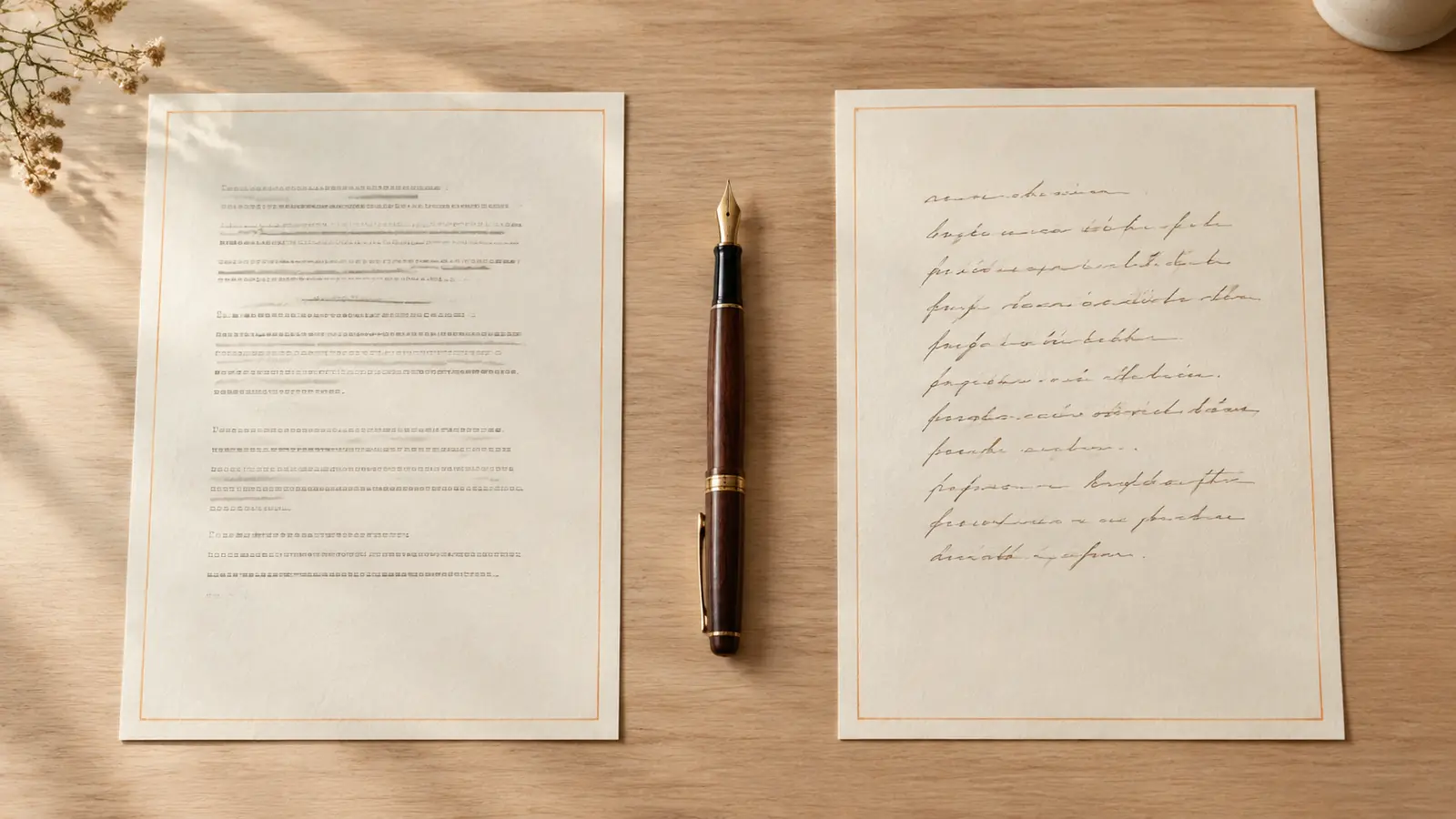 A typed page, a pen, and the same page rewritten by hand