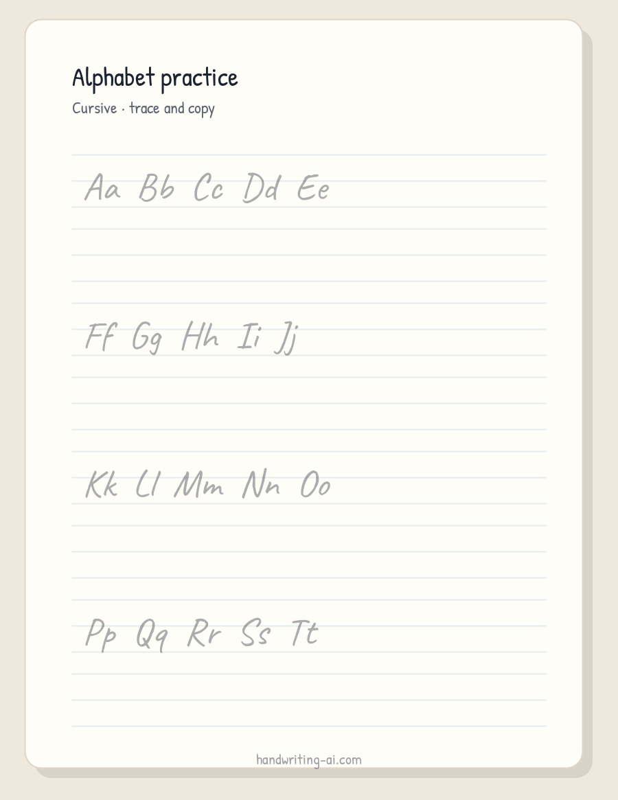 Cursive alphabet practice sheet