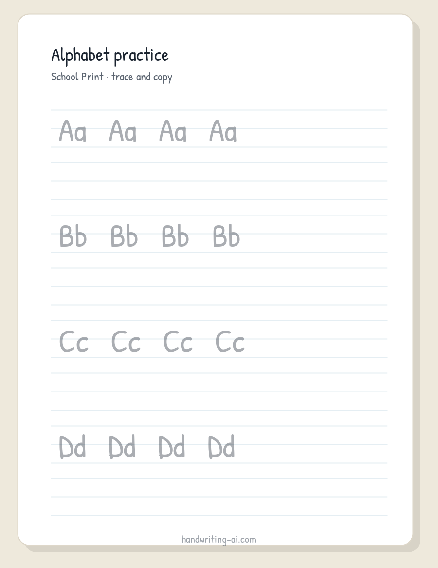 Printable school print alphabet worksheet with uppercase and lowercase practice