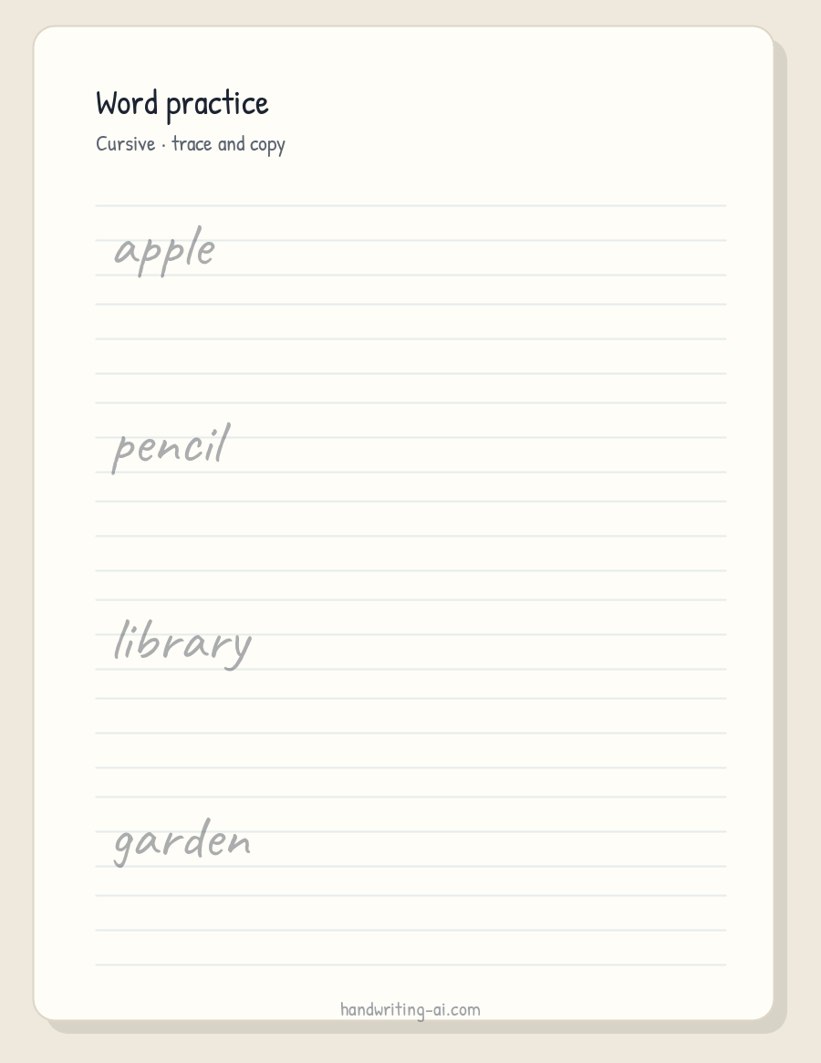 Printable handwriting word practice worksheet with trace and copy lines
